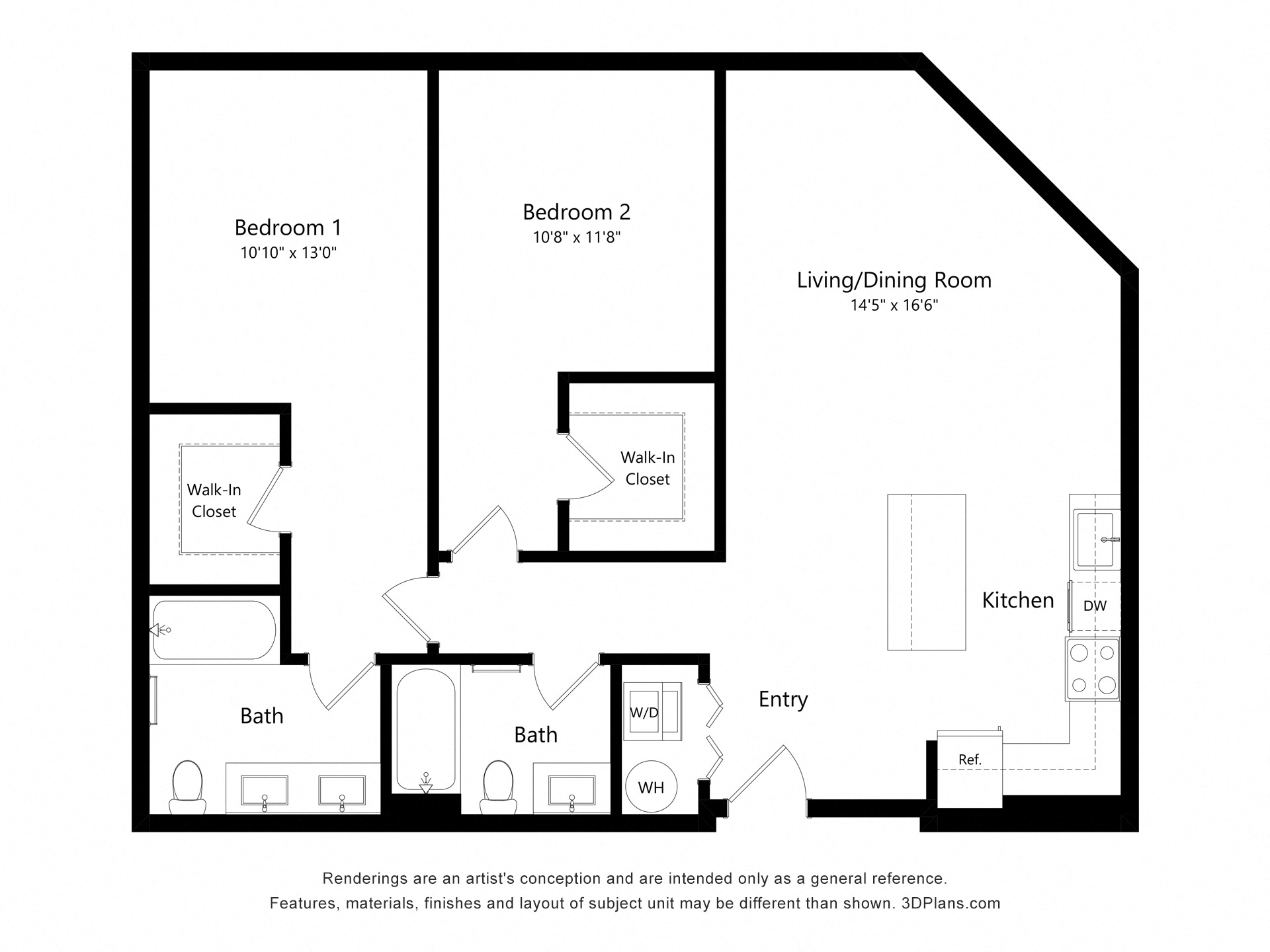 Floor plan for 2 beds, 2 baths, 1048 sqft